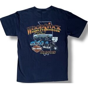 Harley-Davidson Woodstock Illinois T-Shirt Navy 2009 Mens Medium Made in USA Vtg